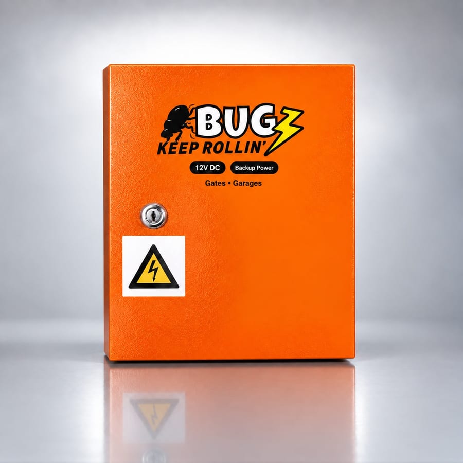 The BUGS unit — a 12V/24V DC backup power box for gates and garages